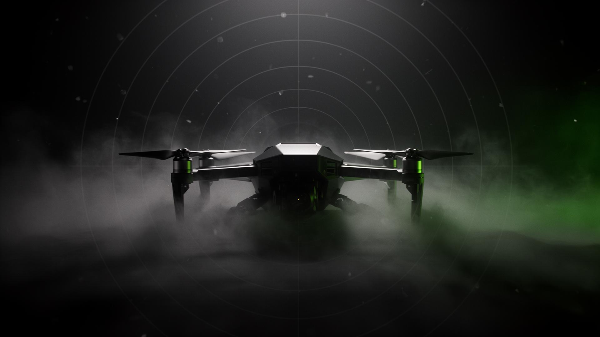 Stealth autonomous drone emerging from fog